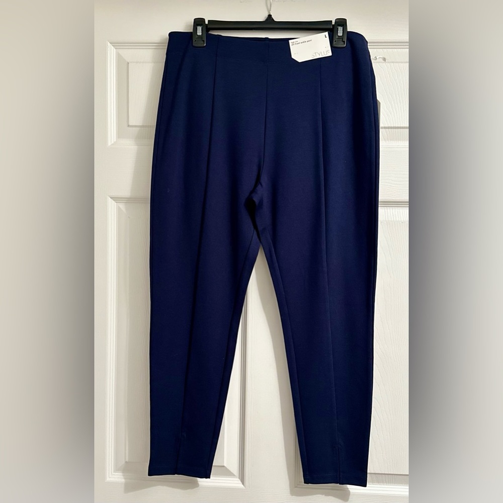 High Rise Slit Front Ankle Pant Navy Blue